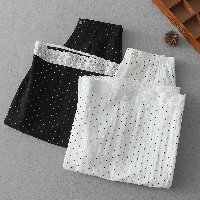 Buddha Stones Polka Dot Lace Patchwork Cotton Women's Wide Leg Capri Pants With Pockets
