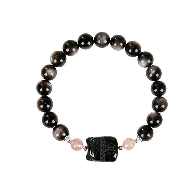 Buddha Stones Cat Silver Sheen Obsidian Strawberry Quartz Protection Bracelet