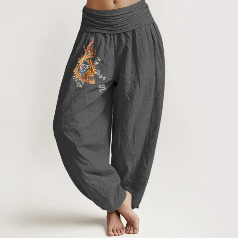 Buddha Stones Women's Pure Cotton Phoenix Auspicious Cloud Pattern Elastic Waist Harem Pants