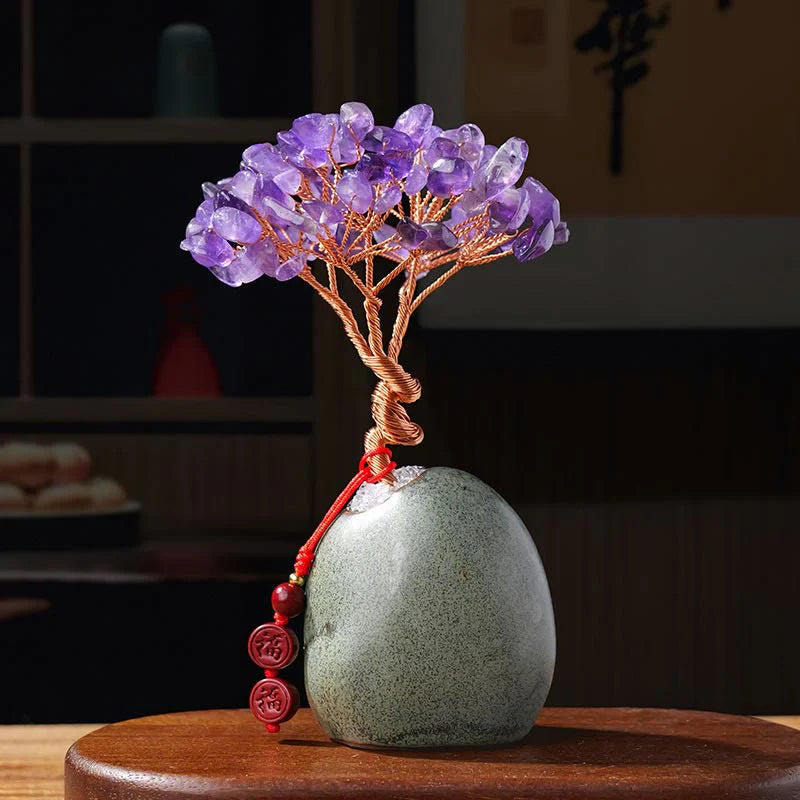 Buddha Stones Citrine Amethyst Green Aventurine Crystal Tree Ceramic Base Prosperity Home Decoration