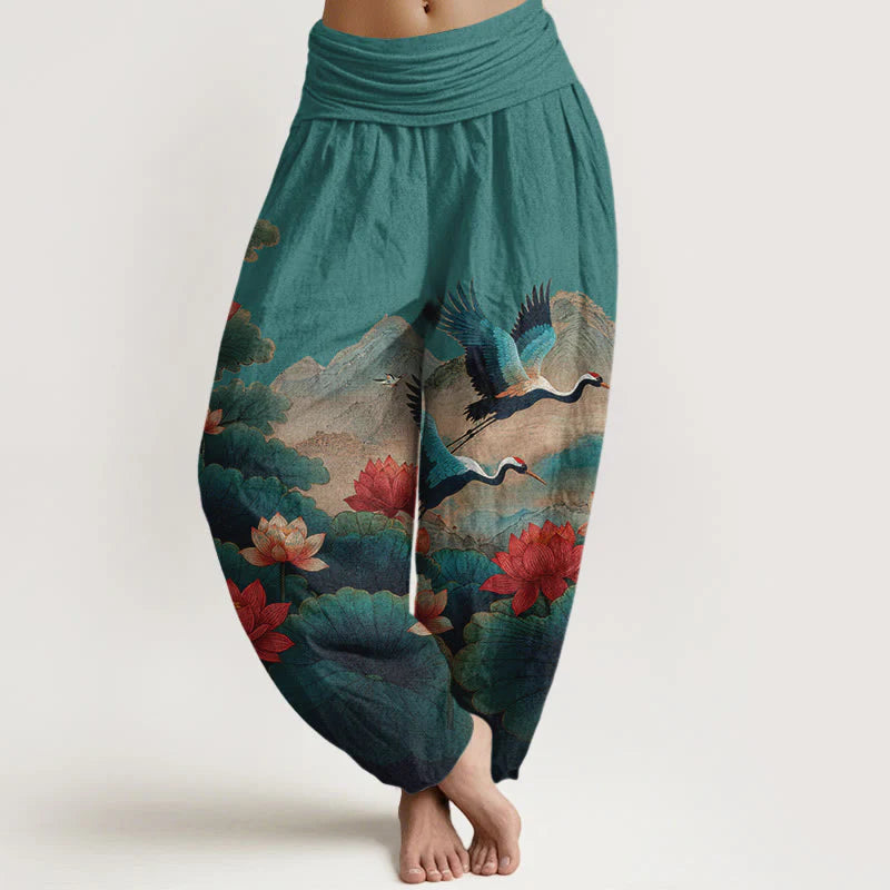 Buddha Stones Cotton Classical Lotus Flower Leaf Crane Mountain Pattern Women's Elastic Waist Harem Pants