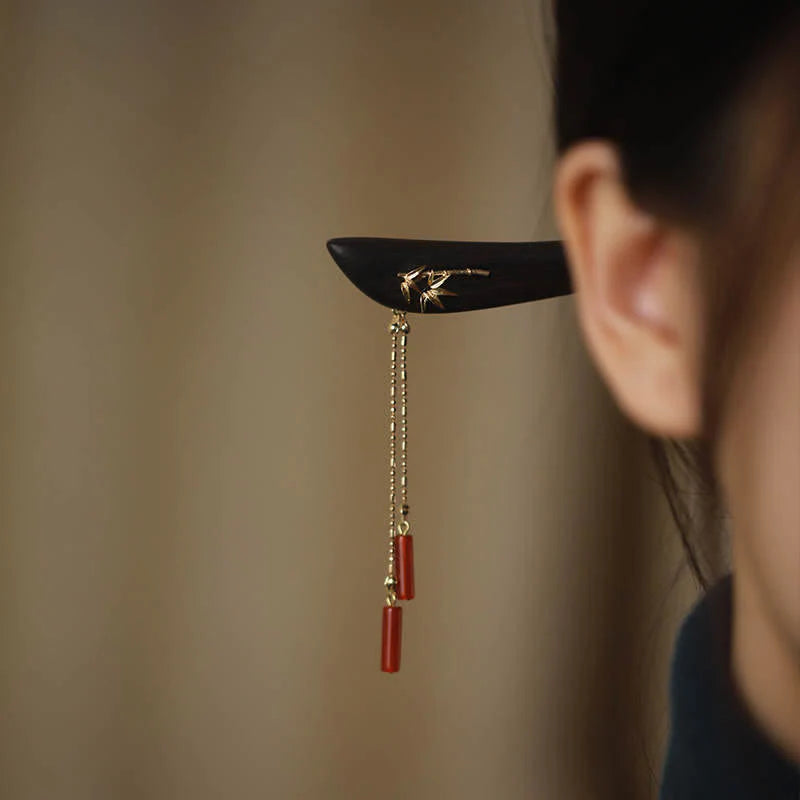Buddha Stones Red Agate Ebony Wood Confidence Tassel Hairpin