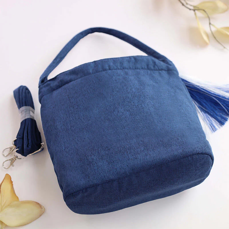 Buddha Stones Embroidery Wisteria Plum Lotus Cherry Blossom Cotton Linen Canvas Tote Crossbody Bag Shoulder Bag Handbag
