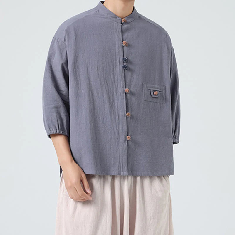 Buddha Stones Summer Frog-Button Front Stand Collar Men's Three Quarter Sleeve Cotton Shirt Cardigan With Pocket