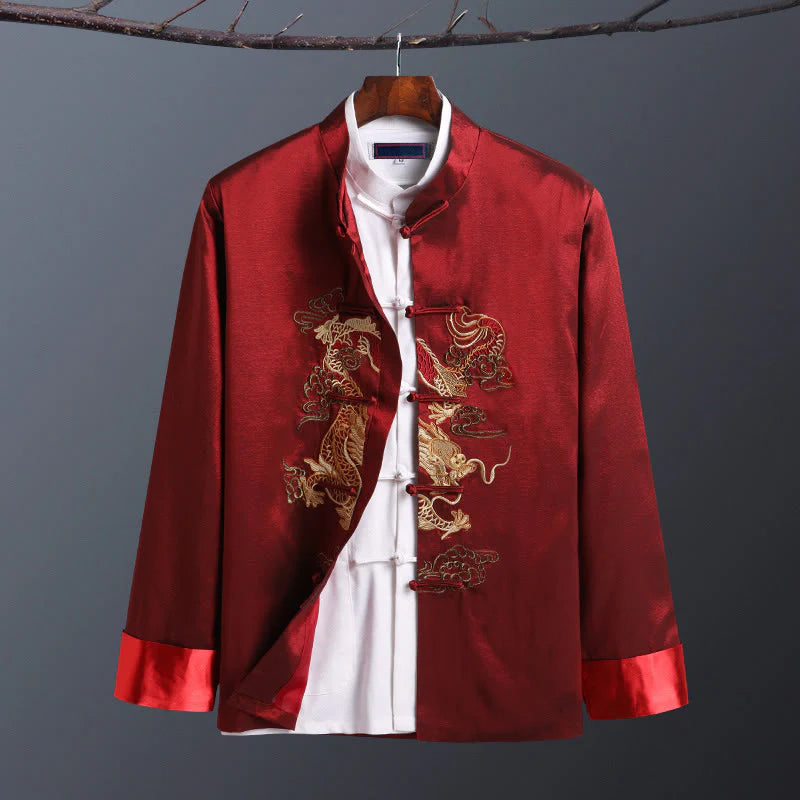 Buddha Stones Spring Fall Dragon Embroidery Frog-Button Long Sleeve Men's Jacket