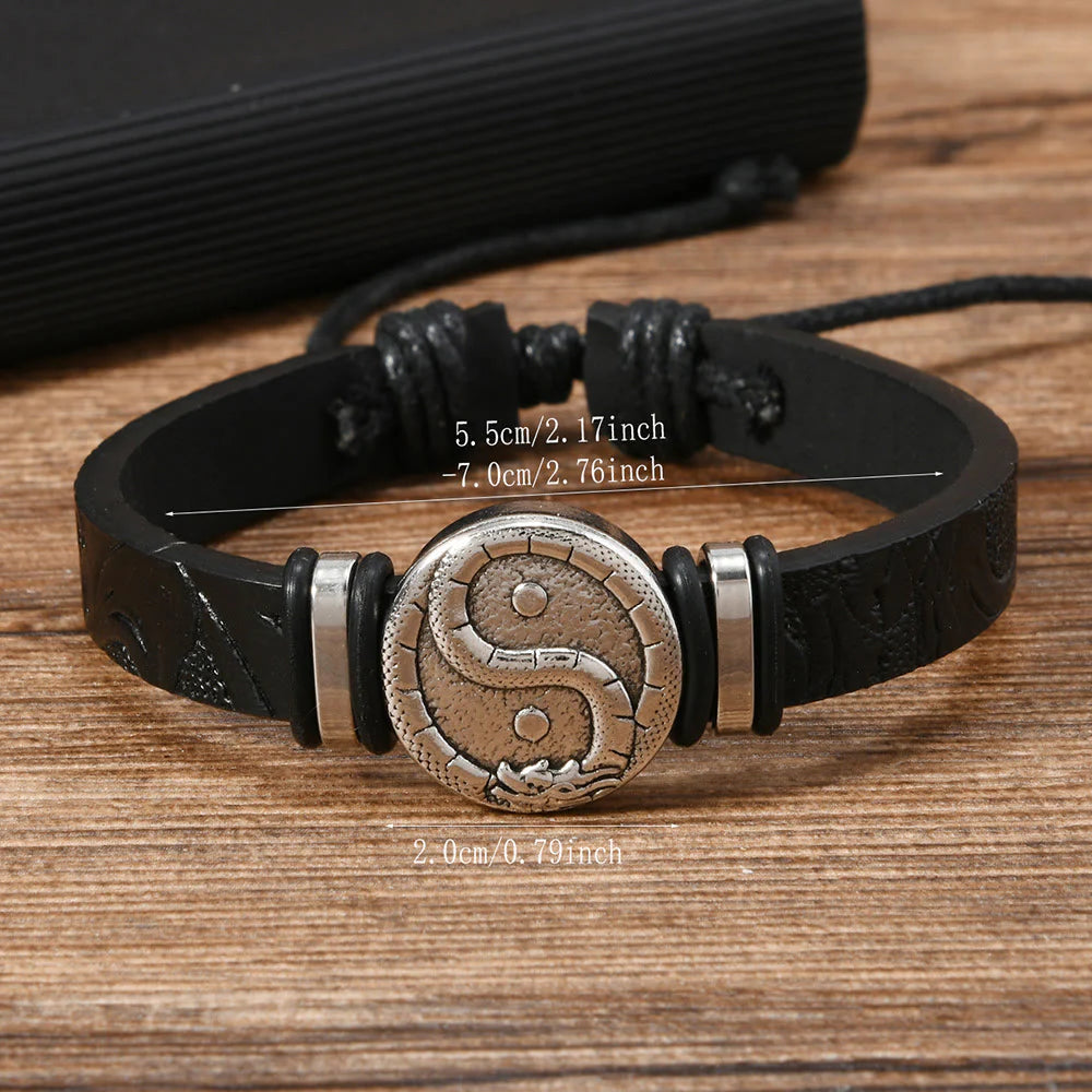 Buddha Stones Round Engraved YIN YANG Dragon Leather Balance Bracelet