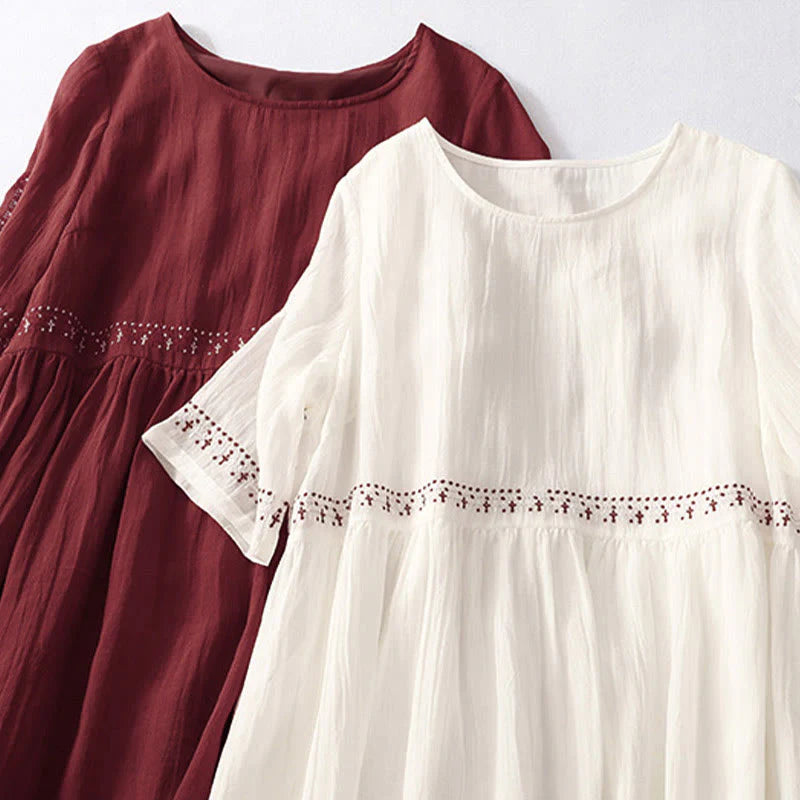Buddha Stones Solid Color Embroidery Short Sleeve Cotton Midi Dress