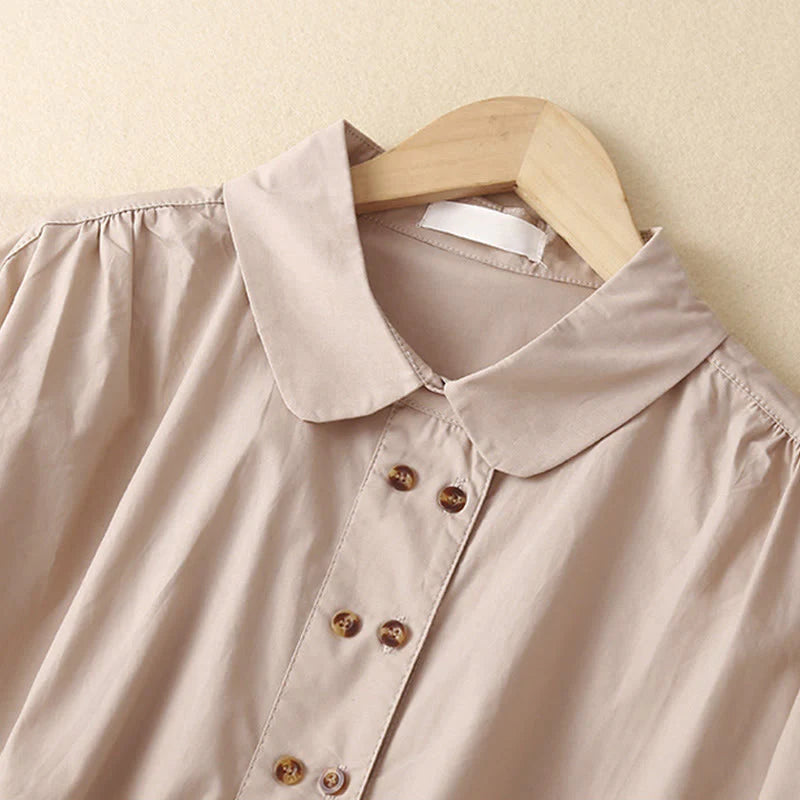 Buddha Stones Plain Double-breasted Long Sleeve Women's Cotton Lapel Shirt