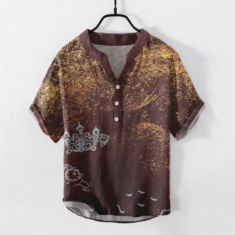 Buddha Stones Cotton Splatter Dye Galaxy-Inspired Henley Men's Short Sleeve Half Button Shirt