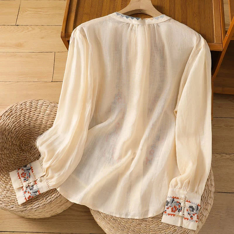 Buddha Stones Vintage Embroidery Single Row Multi-Button Placket Design Women's Cotton Linen Long Lantern Sleeve Shirt