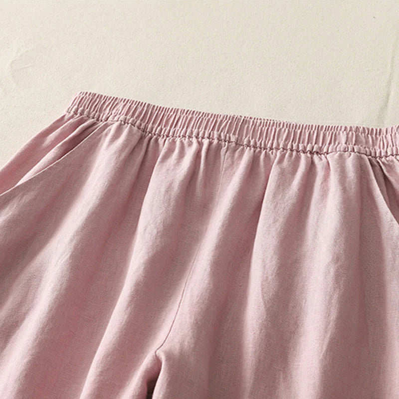 Buddha Stones Summer Daily Solid Color Elastic Waistband Design Women's Wide Leg Cotton Linen Pants With Pockets