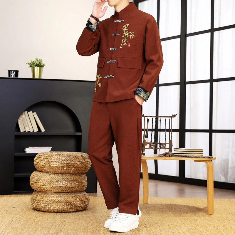 Buddha Stones 2Pcs Tang Suit Bamboo Frog-Button Men's Long Sleeve Shirt Pants Clothing Set