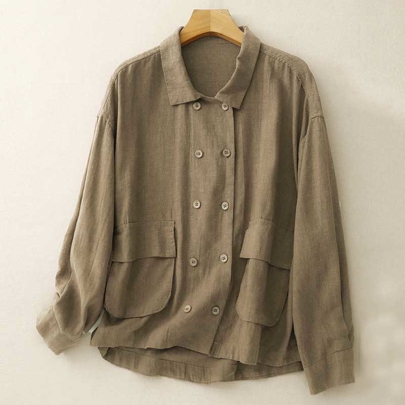 Buddha Stones Double‑Breasted Design Long Sleeve Women's Cotton Jacket With Pockets