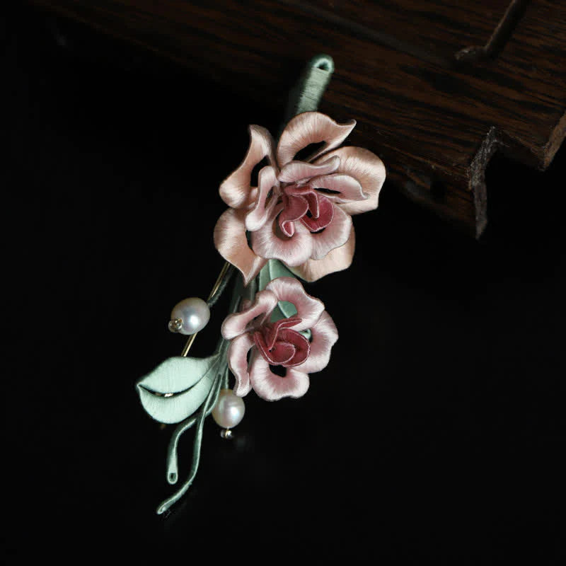 Buddha Stones Handcrafted Silk Art Twin Rose Flower Blessing Harmony Brooch