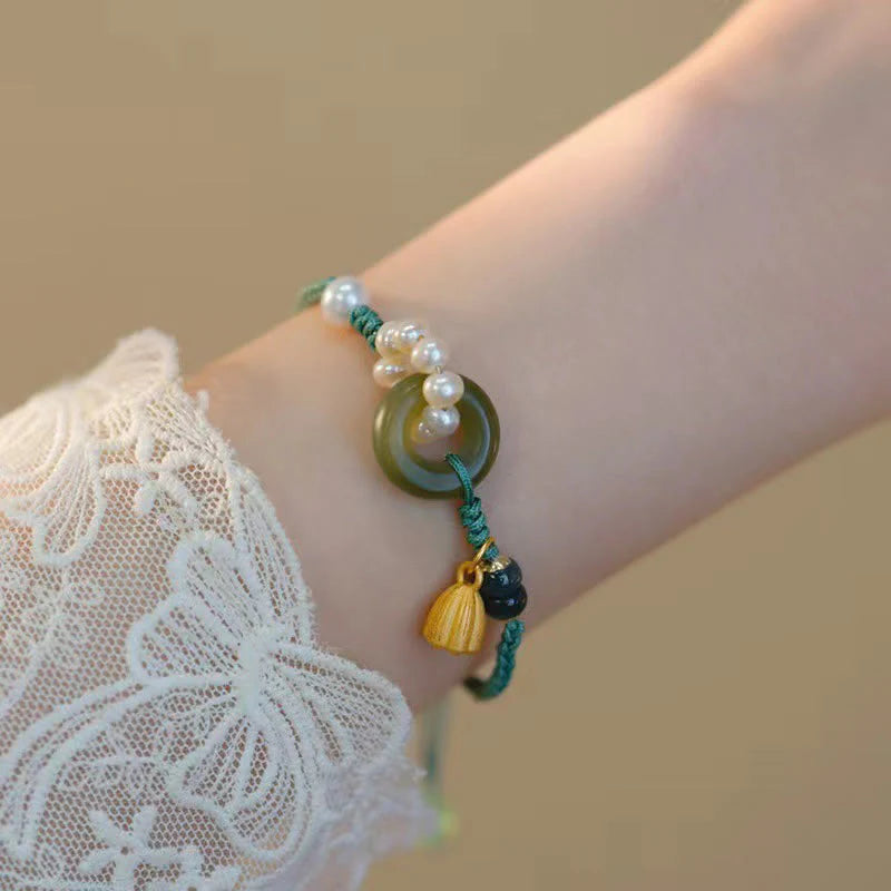 Buddha Stones Natural Hetian Jade Peace Buckle Pearl Luck Handcrafted Braided Bracelet