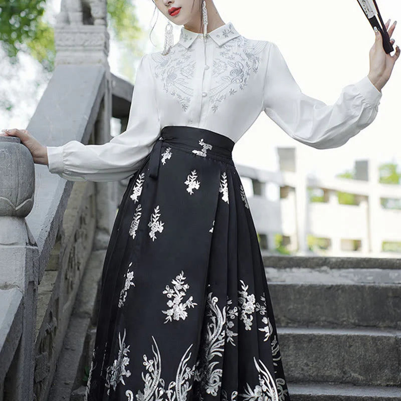 Buddha Stones Flowers Leaves Feathers Long Sleeve Shirt Top Chinese Hanfu Ming Dynasty Horse Face Skirt Mamianqun Skirt (Extra 30% Off | USE CODE: FS30)