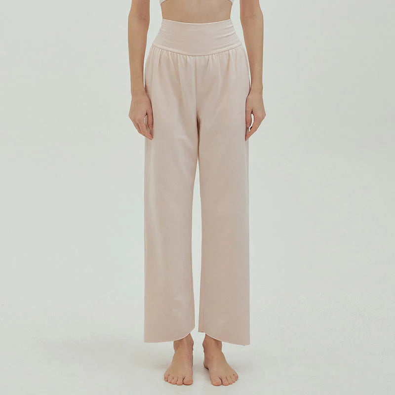 Buddha Stones Casual Loose Tie-down Hem Plain High Waist Women's Leica Pants With Pockets