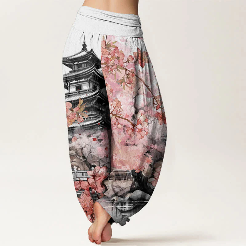 Buddha Stones Cotton Pavilion Cherry Blossom Pattern Women's Elastic Waist Harem Pants