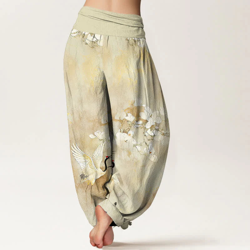 Buddha Stones Crane Blooming Flowers High Waist Women's Harem Pure Cotton Pants