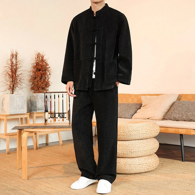 Buddha Stones 2Pcs Winter Thick Men's Tang Suit Frog-Button Cotton Corduroy Long Sleeve Jacket Pants Set With Pockets