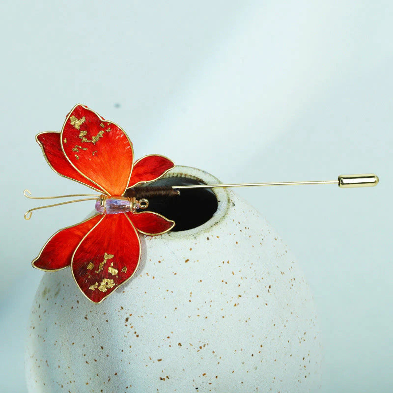 Buddha Stones Handcrafted Silk Art Velvet Flower Red Butterfly Brooch