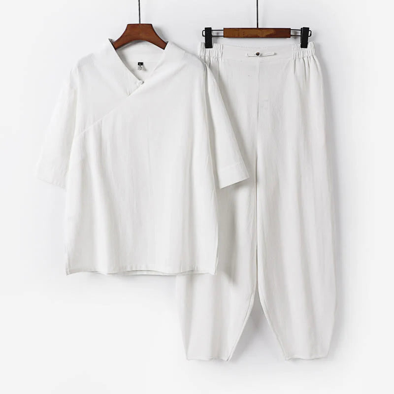 Buddha Stones 2Pcs V-Neck Cotton Half Sleeve Shirt Pants With Pockets Men's Meditation Cloth Set