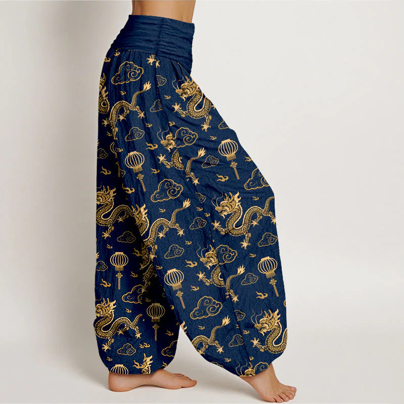 Buddha Stones Print Dragon Auspicious Cloud Lantern Pattern Women's Elastic Waist Harem Cotton Pants
