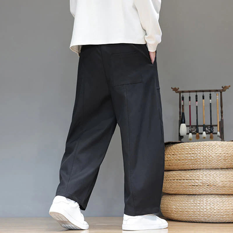 Buddha Stones Fall Pure Color Cotton Men's Cropped Harem Pants With Pockets