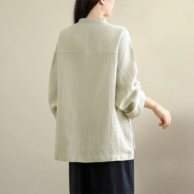 Buddha Stones Spring Crew Neck Long Sleeve Plain Women's Cotton Buttons Shirt With Pockets