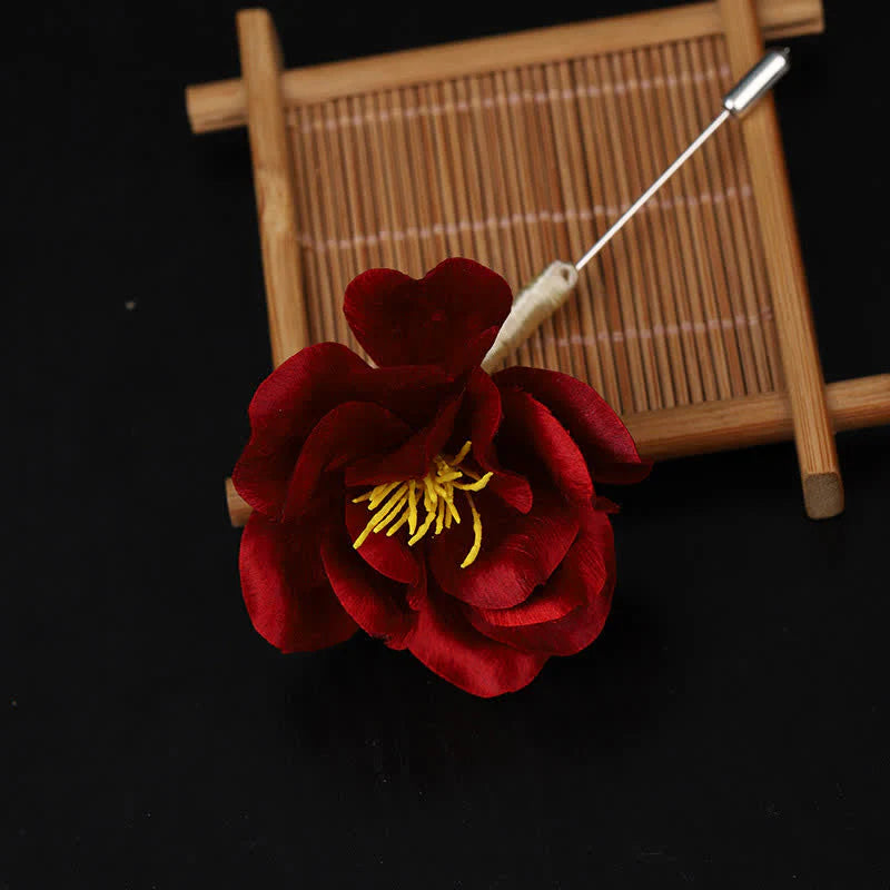Buddha Stones Cultural Heritage Handcrafted Silk Art Red Camellia Blessing Sincerity Brooch