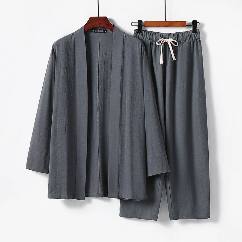 Buddha Stones 2Pcs Cotton Kimono Ankle-Length Pants Men's Meditation Cloth Set