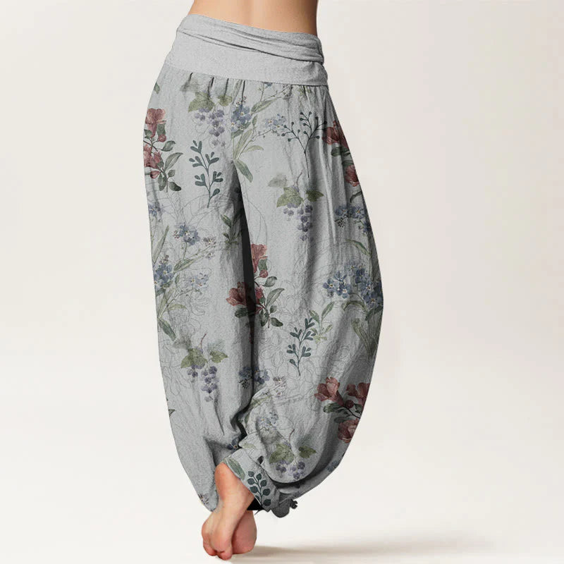 Buddha Stones Pure Cotton Red Blue Flowers Green Leaves Design Women's Elastic Waist Harem Pants