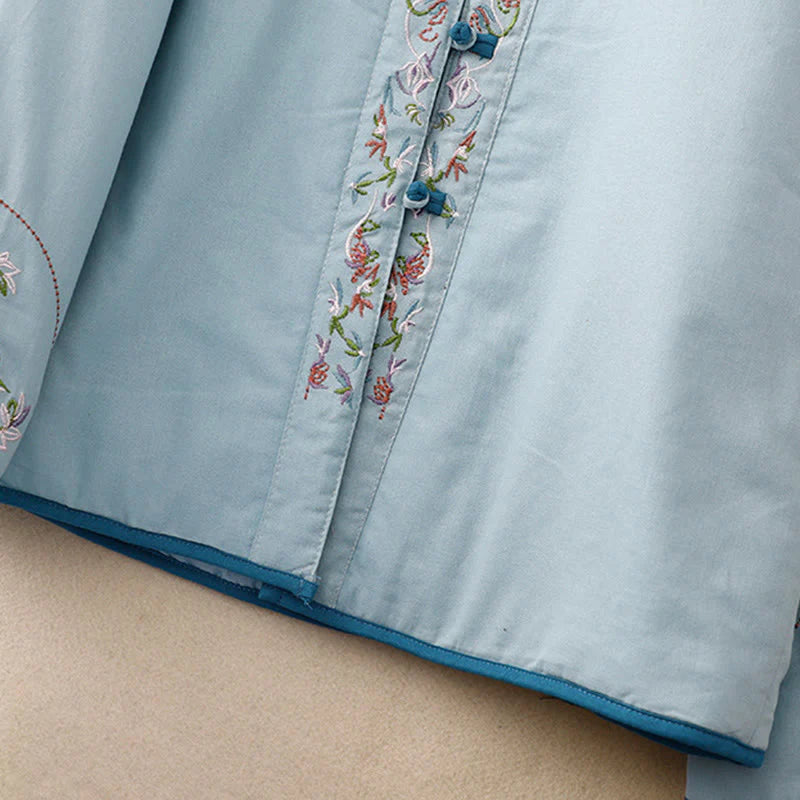 Buddha Stones Winter Flower Embroidery Frog-Button Long Sleeve Women's Thermal Jacket