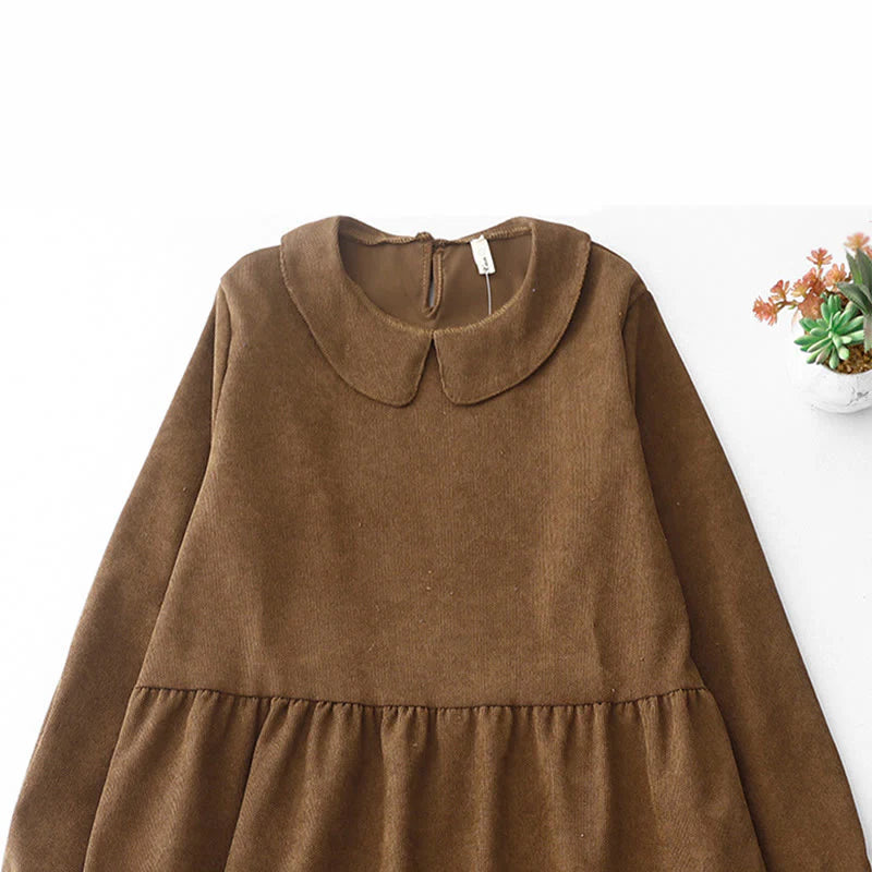 Buddha Stones Button Design Corduroy Peter Pan Collar Long Sleeve Midi Dress With Pockets