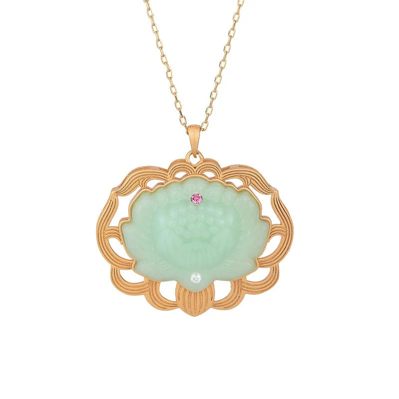 Buddha Stones Natural Jade Lotus Harmony Necklace Pendant