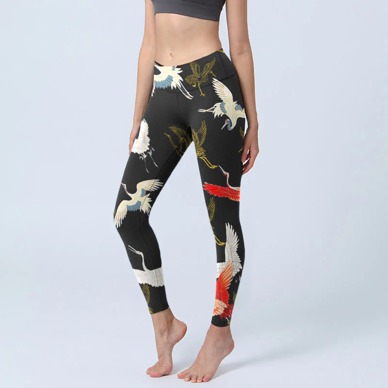 Buddha Stones White Red Gold Cranes Print Gym Leggings Women's Yoga Pants