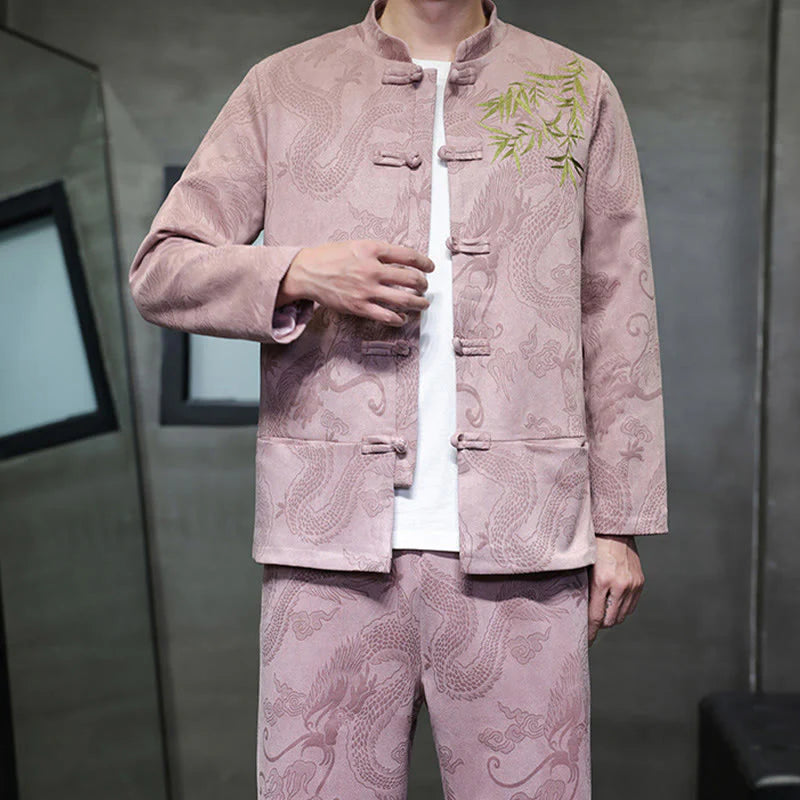 Buddha Stones 2Pcs Spring Dragon Bamboo Clouds Men's Tang Suit Frog-Button Cotton Long Sleeve Jacket Pants Set With Pockets