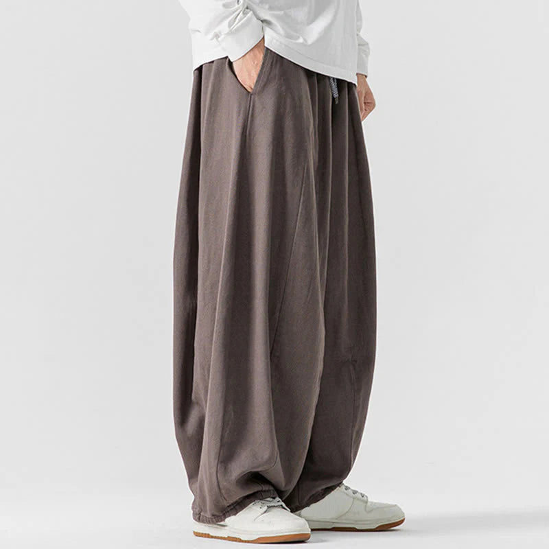 Buddha Stones Fall Solid Color Cotton Elastic Waist Men's Harem Pants With Pockets