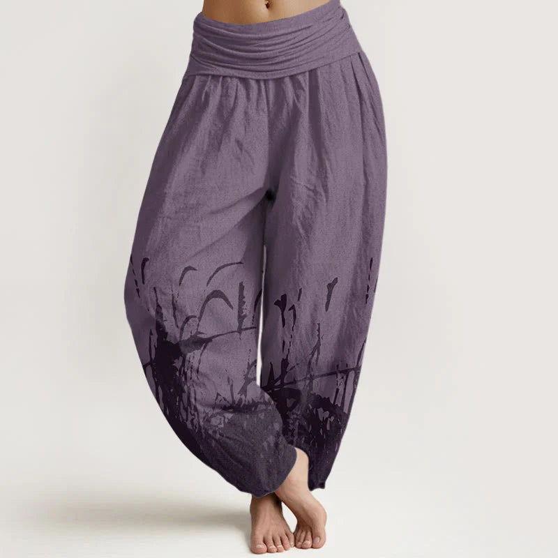 Buddha Stones Cotton Wild Grass Pattern Women's Elastic Waist Harem Pants