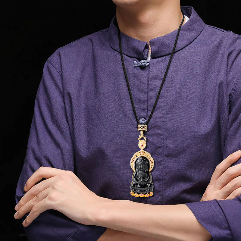 Buddha Stones Natural Black Jade Kwan Yin Avalokitesvara Wealth Titanium Steel Chain Necklace Pendant