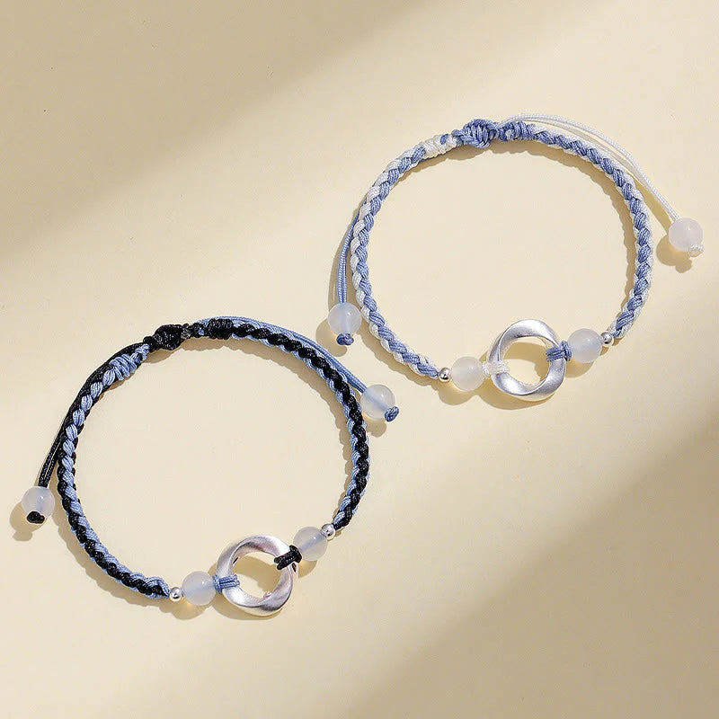 Buddha Stones 925 Sterling Silver Mobius White Agate Bead Braided String Protection Bracelet