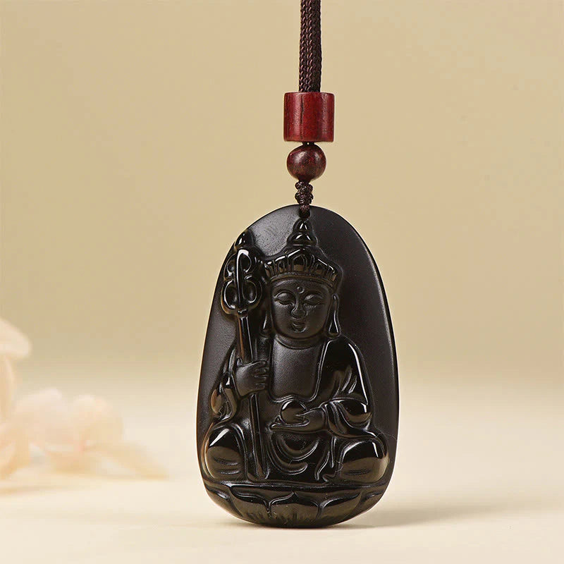 Buddha Stones Ksitigarbha Buddha Pattern Black Obsidian Fulfilment Necklace Pendant
