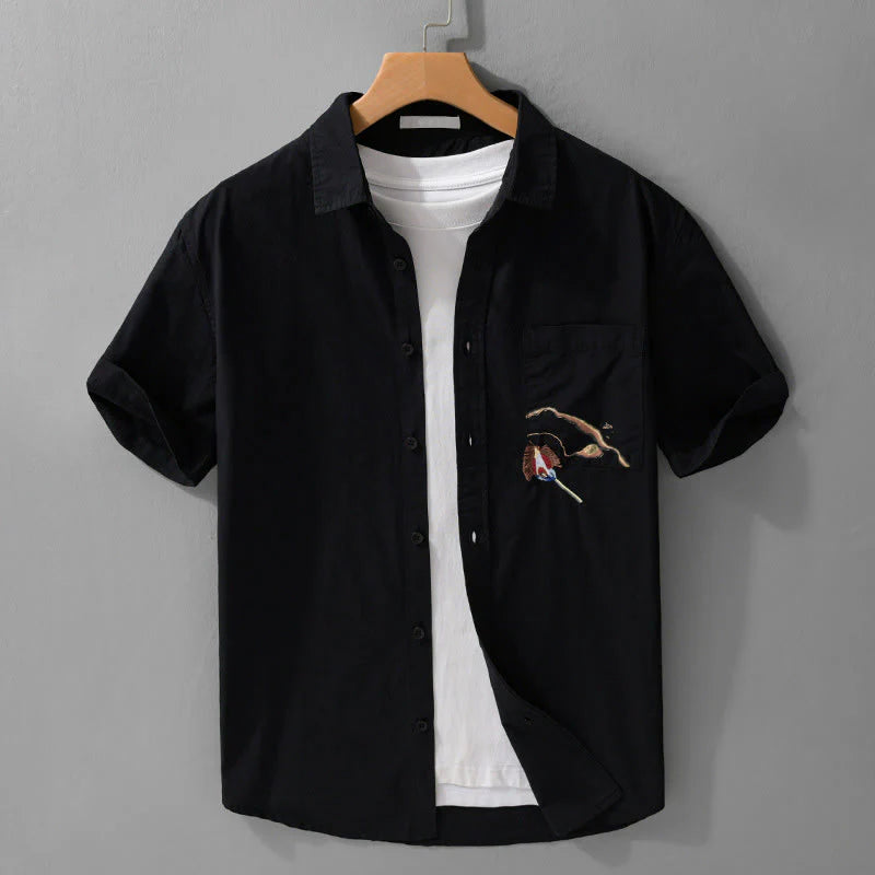 Buddha Stones Summer Buttons Down Bird Embroidery Decorative Pocket Men's Short Sleeve Cotton Shirt