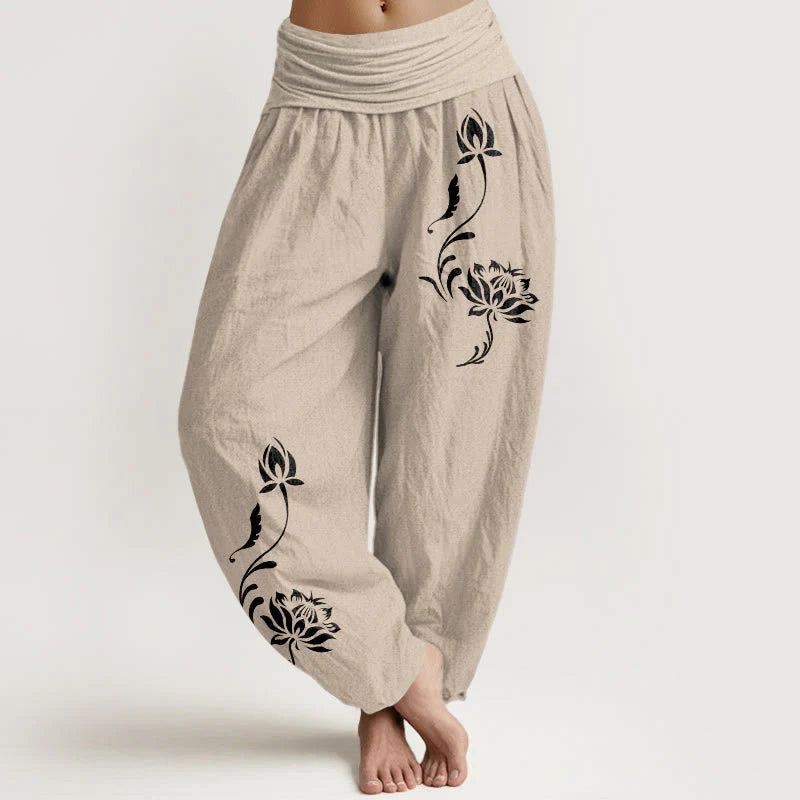 Buddha Stones Cotton Stable Lotus Petals Pattern Women's Elastic Waist Harem Pants