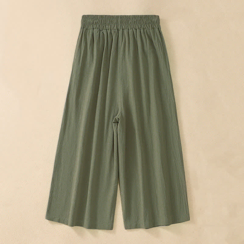 Buddha Stones High Waist Capri Cropped Women's Wide Leg Cotton Pants With Pockets