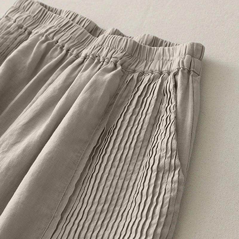 Buddha Stones Casual Plain Tucker Pleats Elastic Women's Polyester Wide Leg Pants With Pockets
