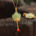 Buddha Stones Vintage Plum Blossom Flower Jade Red Agate Prosperity Necklace Pendant