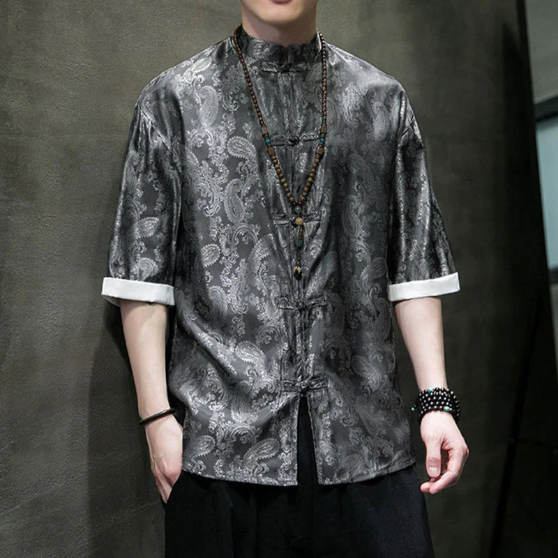 Buddha Stones Summer Cashew Flowers Pattern Men's Frog-Button Half Sleeve Shirts