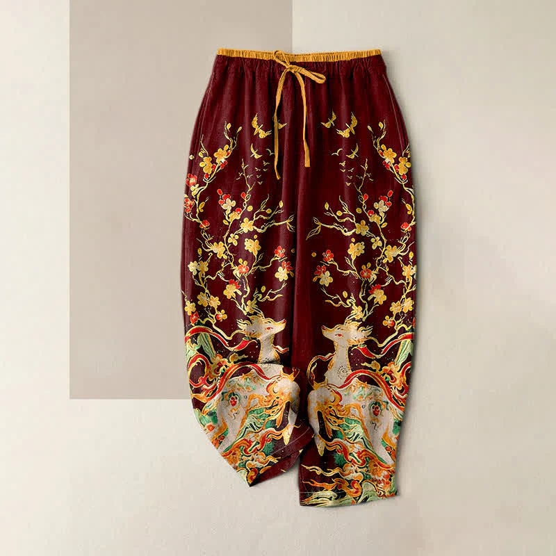 Buddha Stones Pure Cotton Plum Blossoms Deer Drawstring Women's Pants With Pockets