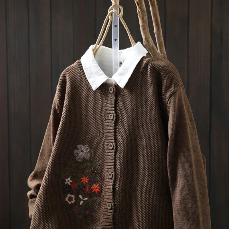 Buddha Stones Floral Embroidery Buttons Cotton Women's Long Sleeve Knitted Cardigan Sweater